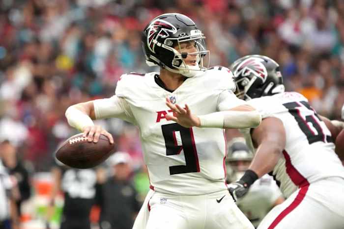 Atlanta Falcons quarterback Desmond Ridder attempting a pass against the Jacksonville Jaguars.
